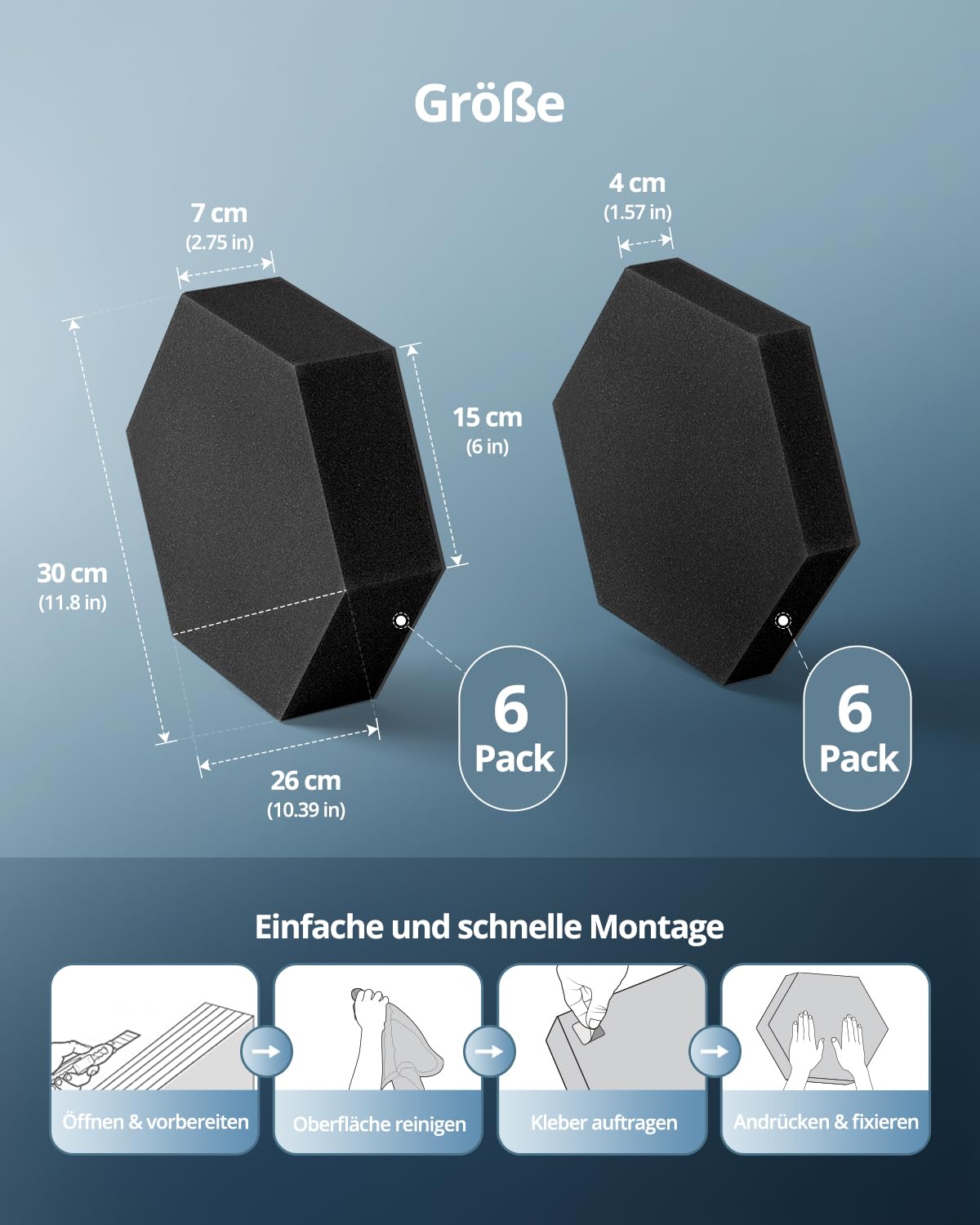 Kuchoow Schalldämmung Akustikschaumstoff Hexagon Schallschutzplatten für Studio Wand, 12 Stück 4cm & 7cm Dicke Akustik Schaumstoff, Schallabsorber für Gaming, Zimmer, Wall, Tür & Decke (Schwarz)