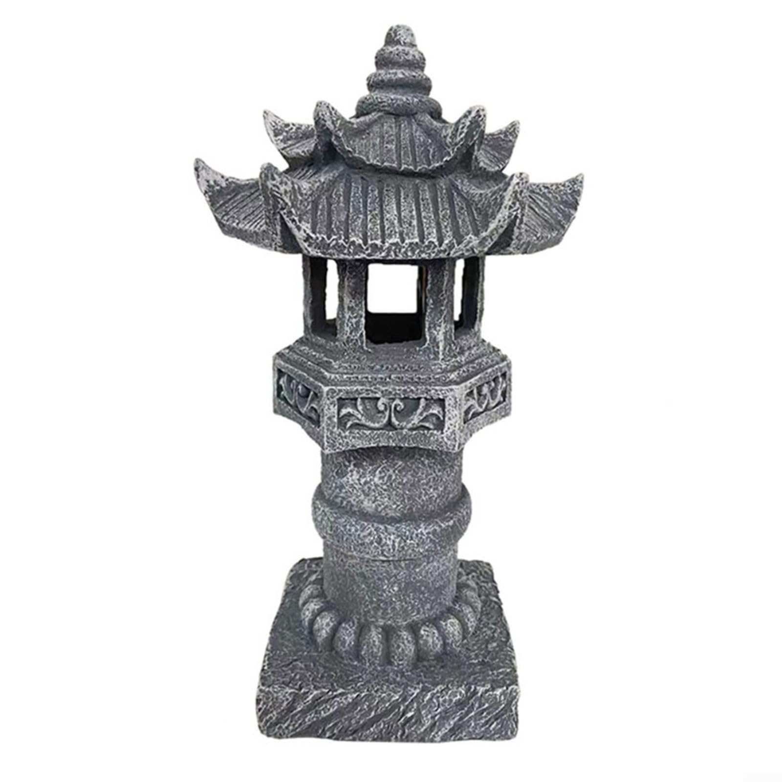 Lampada a pagoda ad energia solare, statua da giardino zen in resina con struttura in pietra, impermeabile IP44, lanterna da esterno per cortile, patio, prato, 12,2 x 12,2 x 30,5 cm