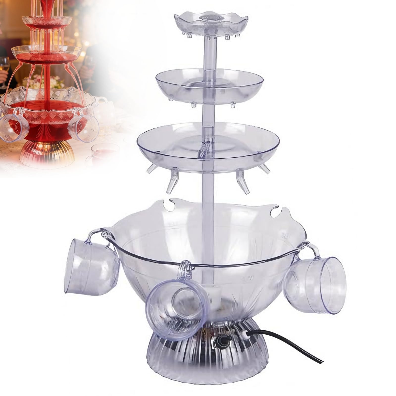 Fuente eléctrica de bebidas de 3 niveles con base LED, dispensador de cóctel y vino tinto, 5 tazas reutilizables para bodas, fiestas, celebraciones, estación de bebidas perfecta