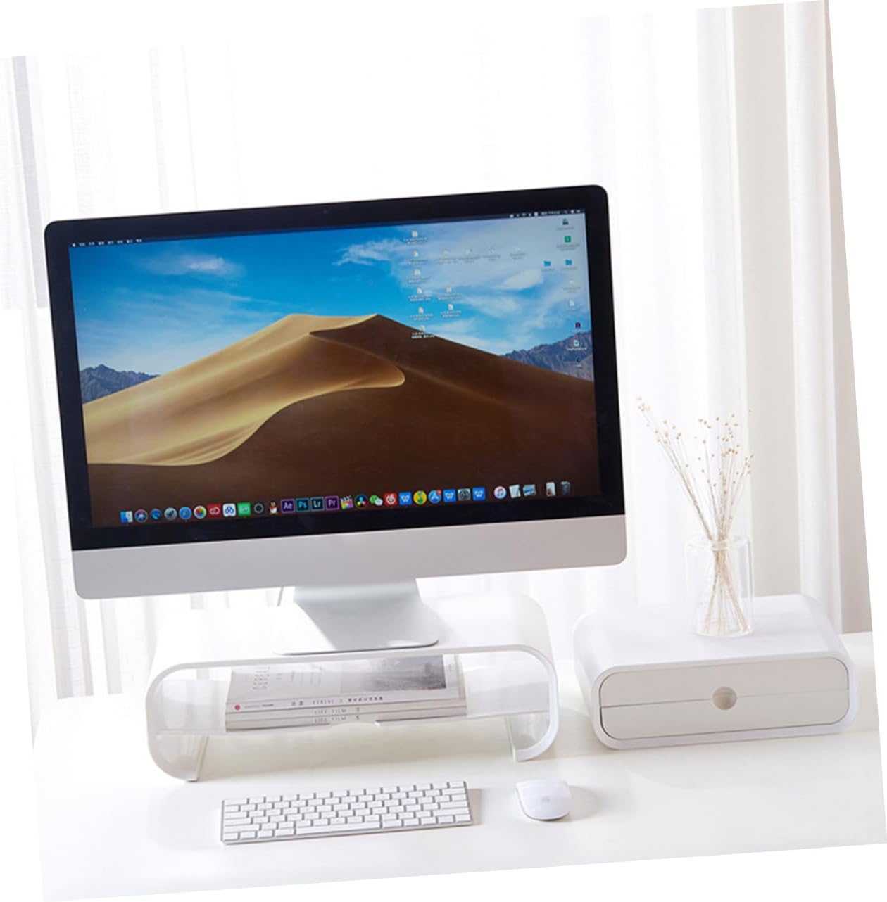 TEHAUX Multifunctional Desktop Organizer Monitor Stand White Storage Rack for Computer and Cable Management for Home Office and Entertainment Centers