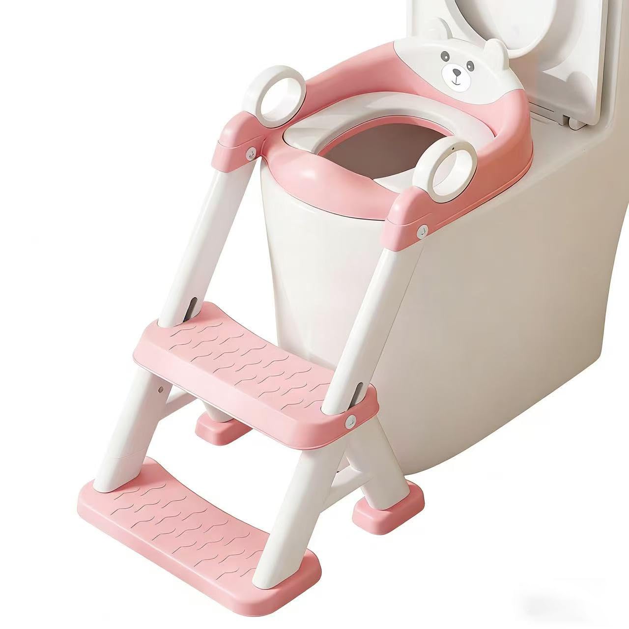 Toilettentrainer für Kinder für Jungen und Mädchen, 2 in 1 Kind Toilettensitz mit Treppe, Spritz und Rutschfestes Trittbrett, 6-stufig höhenverstellbar, PP/TPR/PVC Material(Rosa)