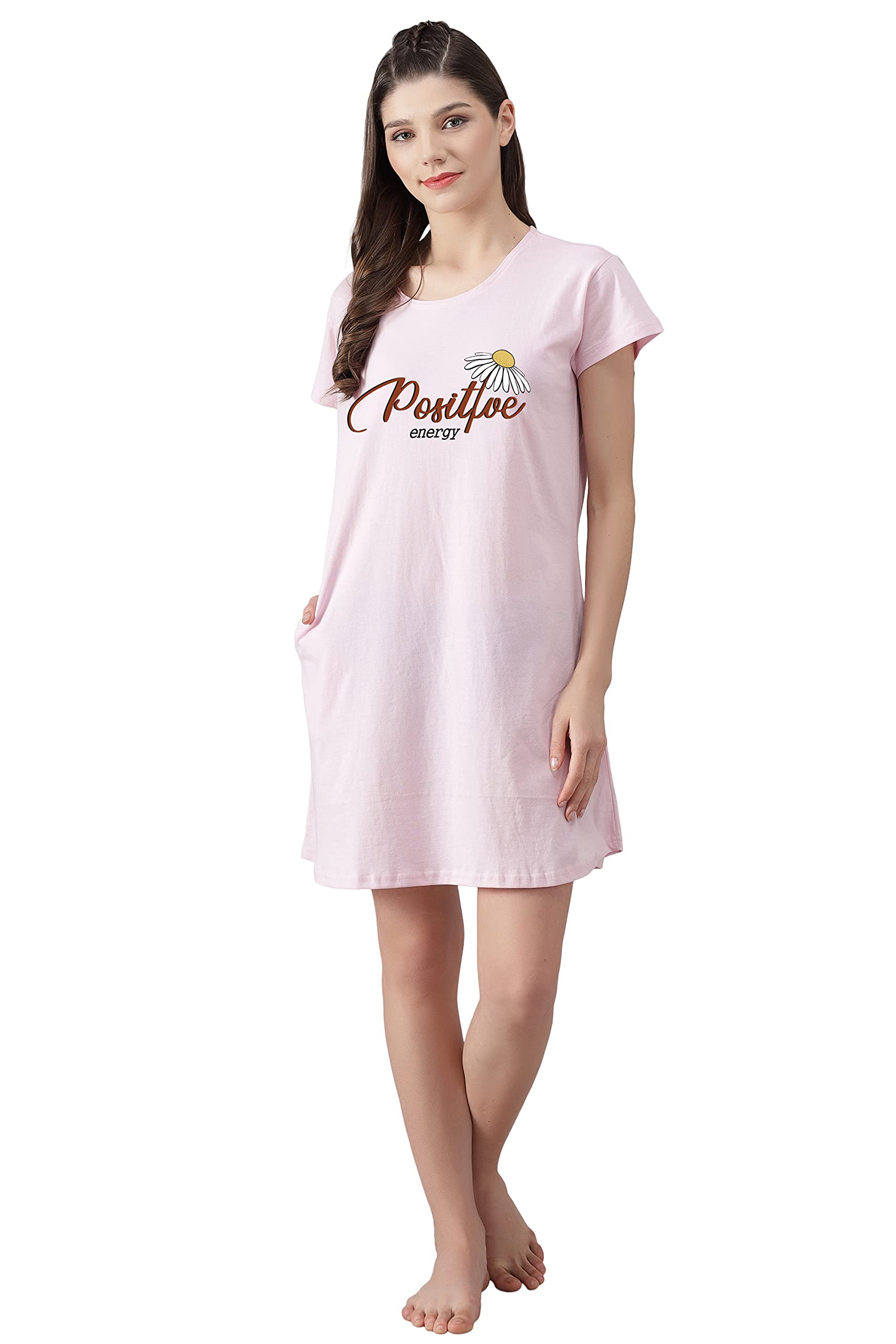 Fflirtygo Long Top Nightwear T-Shirt for Women, Positive Energy Printed  Short Nighty for Women, Night Dress for Women Soft Cotton Loose Fit