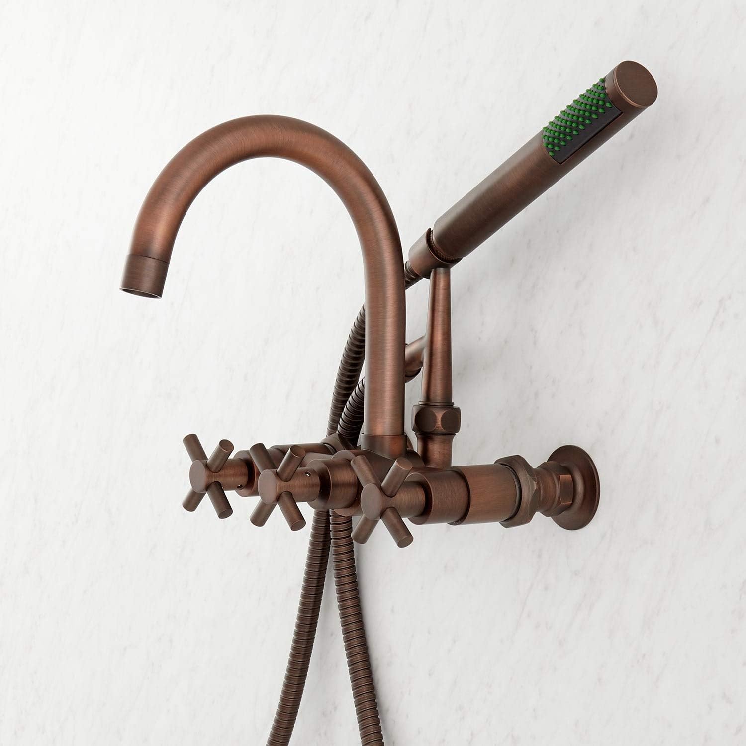 Signature Hardware 418586 Sebastian Wall Mounted Tub Filler Faucet with 4" Wall Couplers and Cross Handles - Includes Hand Shower