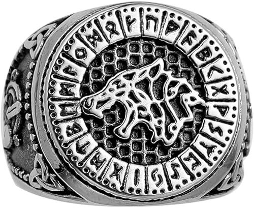 Miniatura 2 de Anillo de Fenrir con cabeza de lobo vikingo, para hombre, estilo vintage, de acero inoxidable, con Odín nórdico en relieve, amuleto pagano, tamaño