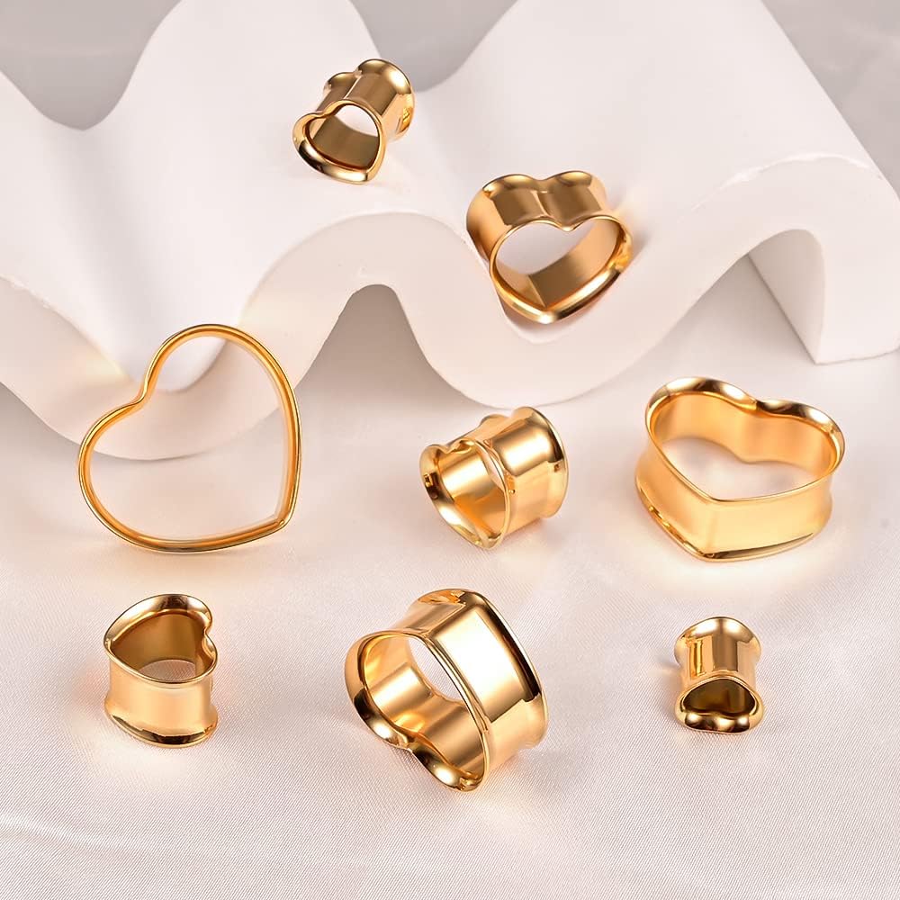 3 Pairs/6 Pairs Set Heart Shape Tunnels Plugs Gauges for Ears Piercing Jewelry Black Gold 2g 0g Stainless Steel Ear Dangle Accessories For Women Mens