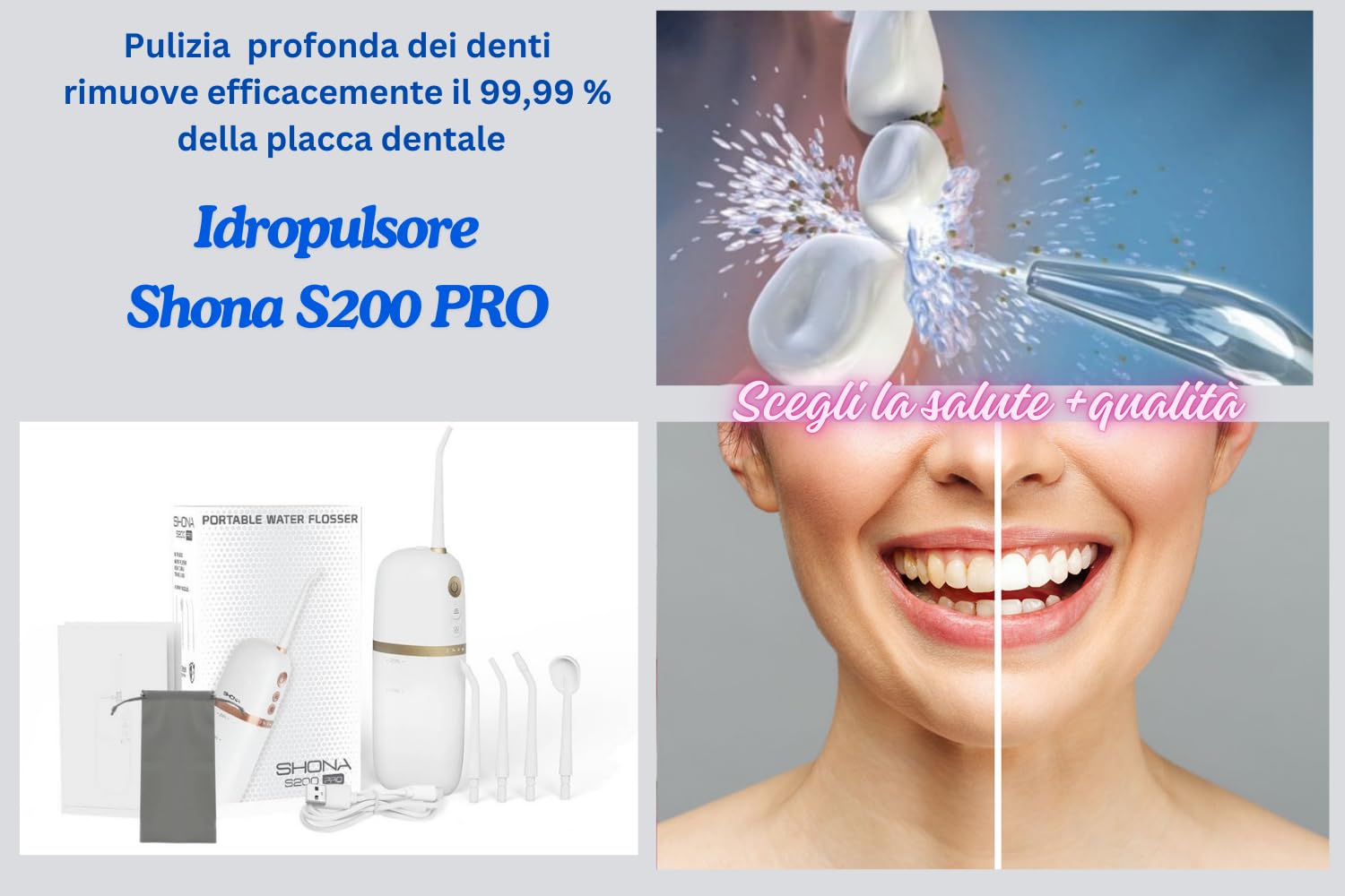 Irrigador dental portátil inalámbrico SHONA S200 PRO 4 modos 3 intensita para el cuidado perfecto y la limpieza de la cavidad bucal