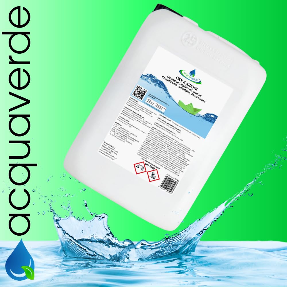 acquaverde OXY 3 Azioni | Ossigeno Attivo Liquido per Piscina - 25 kg, Chiarificante, Antialghe e Flocculante, Alternativa al Cloro per Trattamento, Pulizia ed Igiene per Acqua di Piscine