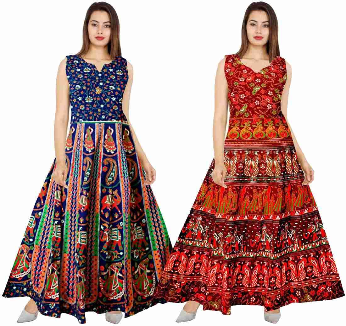 Women Fit and Flare Cotton Fabric Printed A-Line Maxi Midi Western Long Gown (pack of 2) jaipuri printed jaipuri dress-image-22