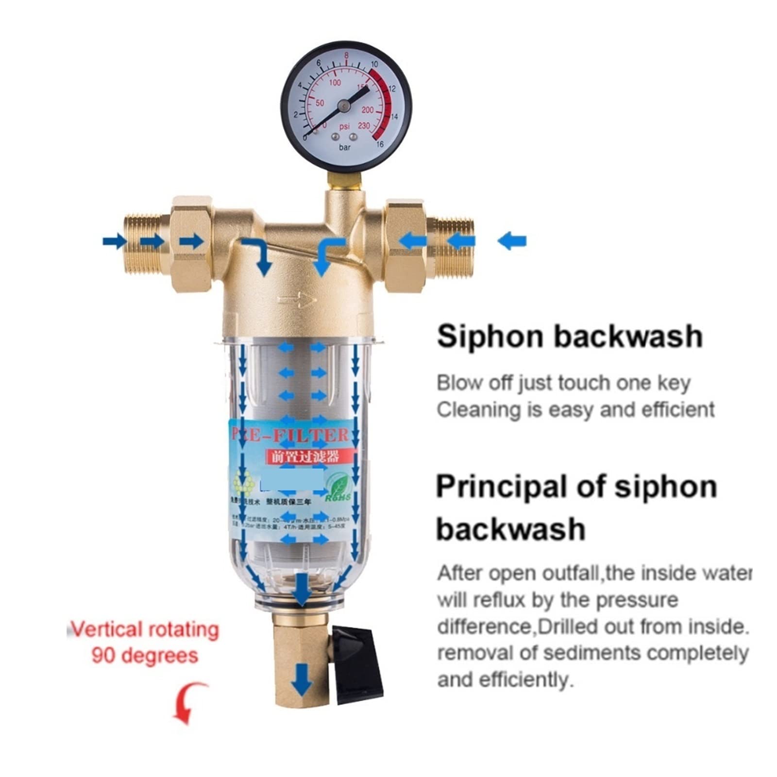 Wkład Filtra Wody, Siphon backwas Filtr wstępny do wody Pierwszy stopień systemu oczyszczania wody mosiężny filtr wstępny z siatką ze stali nierdzewnej(1 in male)