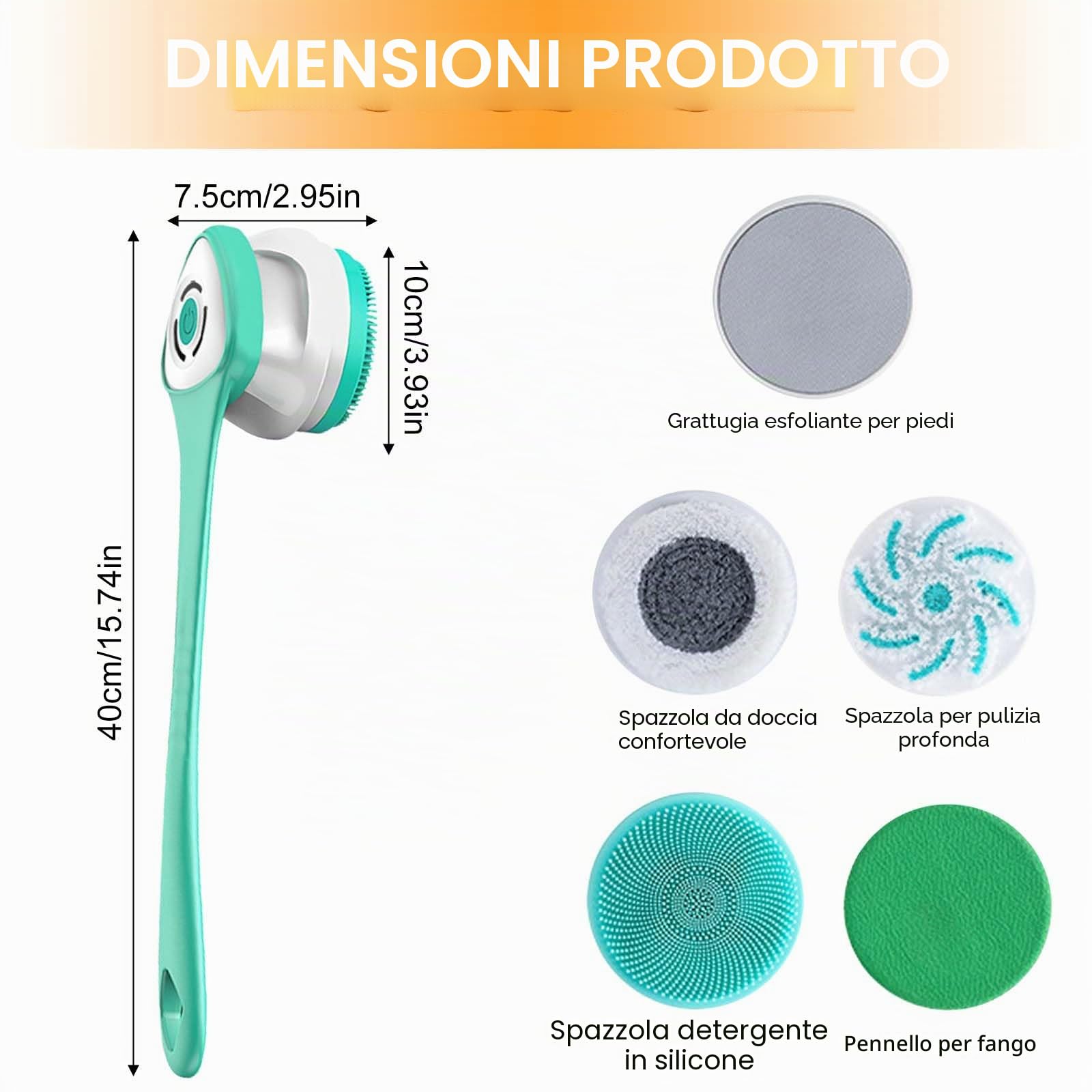Spazzola elettrica per il corpo, spazzola per la schiena con 5 cuciture: spazzola per la schiena con manico lungo IP67, impermeabile a 3 velocità, spazzola per la pulizia della spa doccia esfoliante
