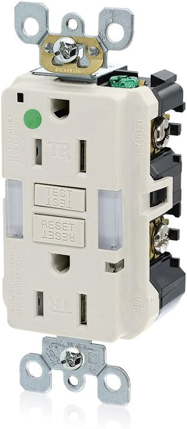 Leviton 15A-125V Hospital Grade Tamper-Resistant Guide Light Duplex Self-Test GFCI Receptacle, 15-Amp, GFNL1-HGT, Light Almond