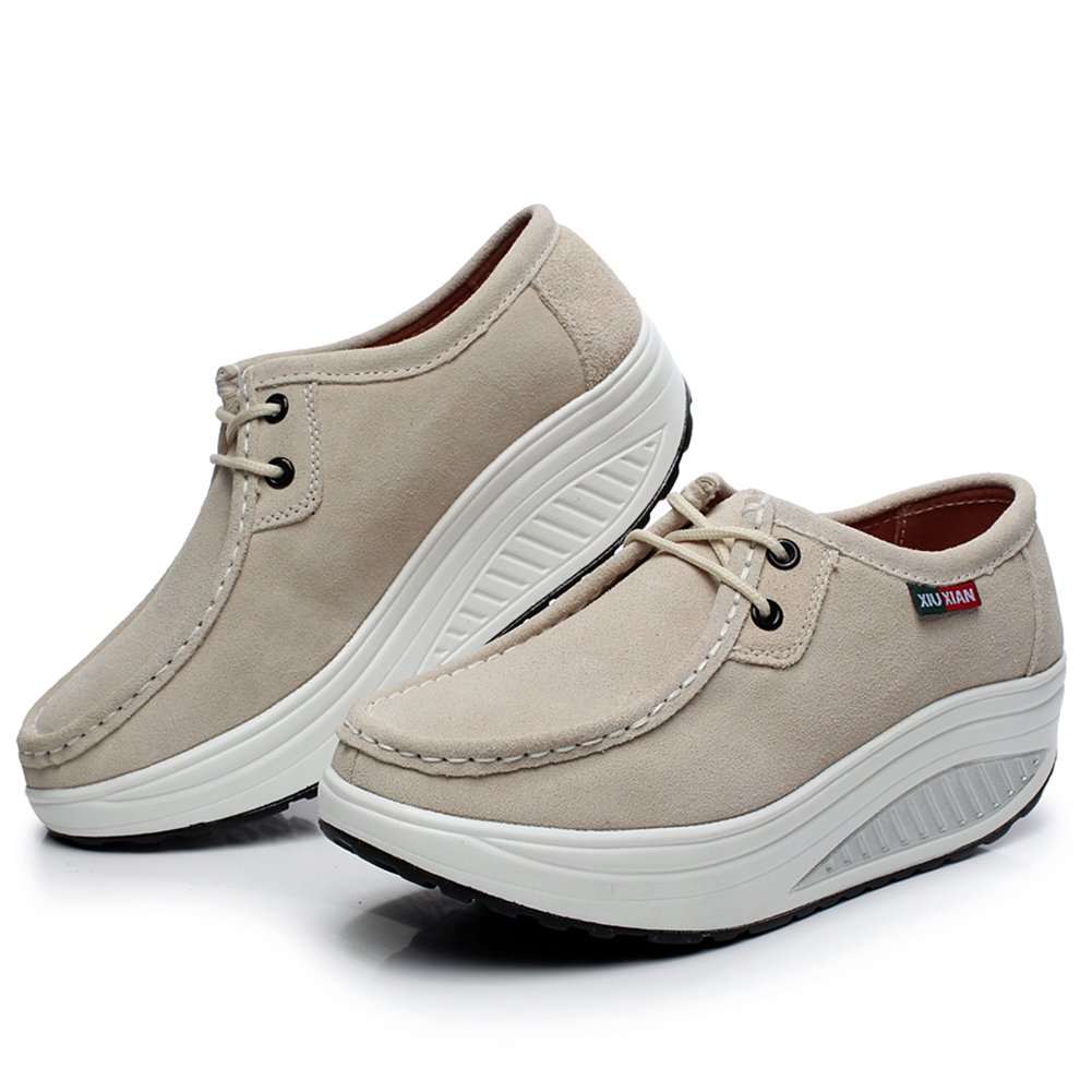 rismart Mujer Plataforma Calzo Aptitud para Caminar Beige Ante Cuero Entrenadores Zapatos