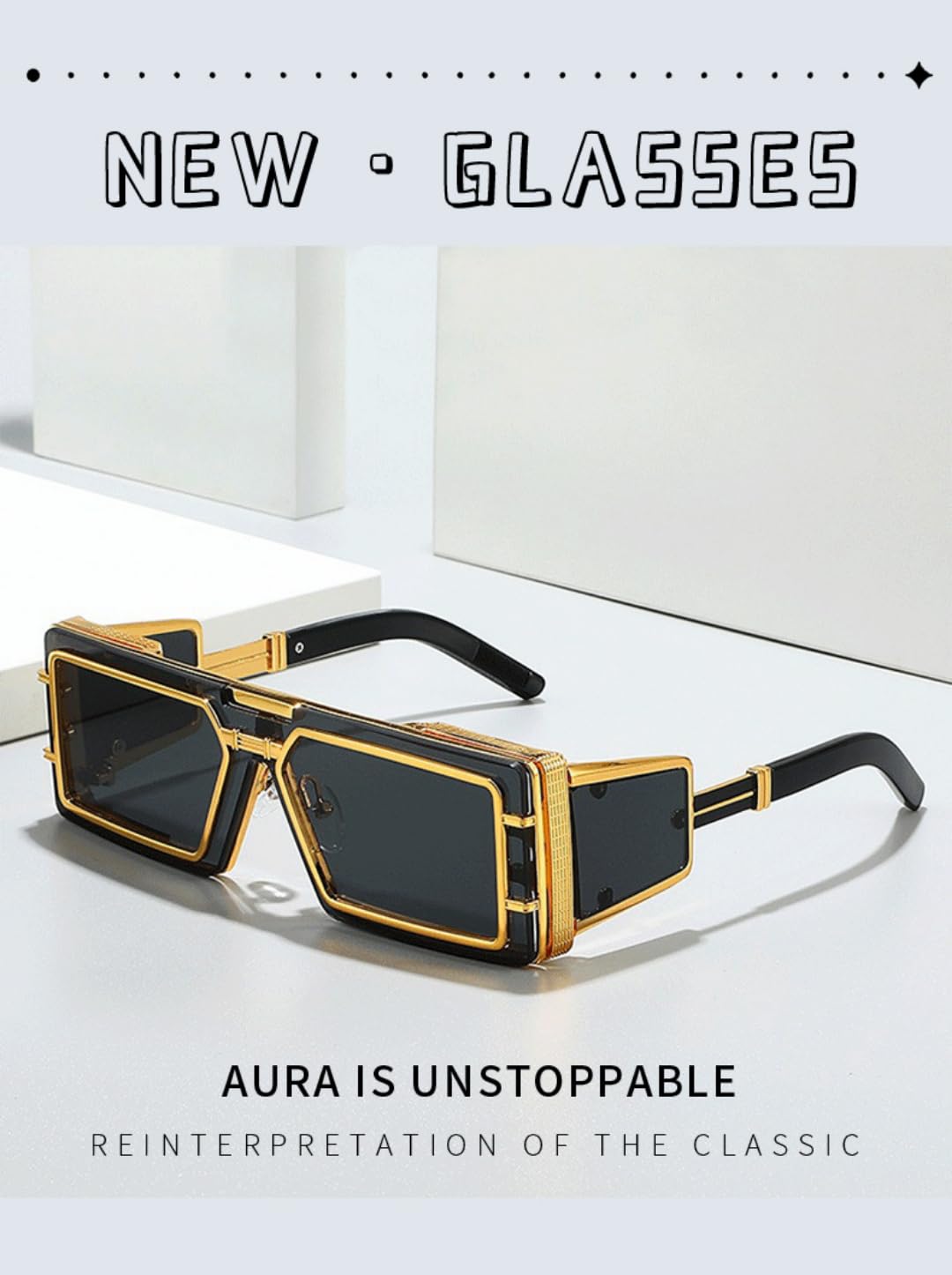 Gafas de sol cuadradas geométricas negras, marco lateral de metal dorado | Marco cuadrado grueso con ribete de metal dorado texturizado, diseño único de panel lateral y lentes oscuras protectoras