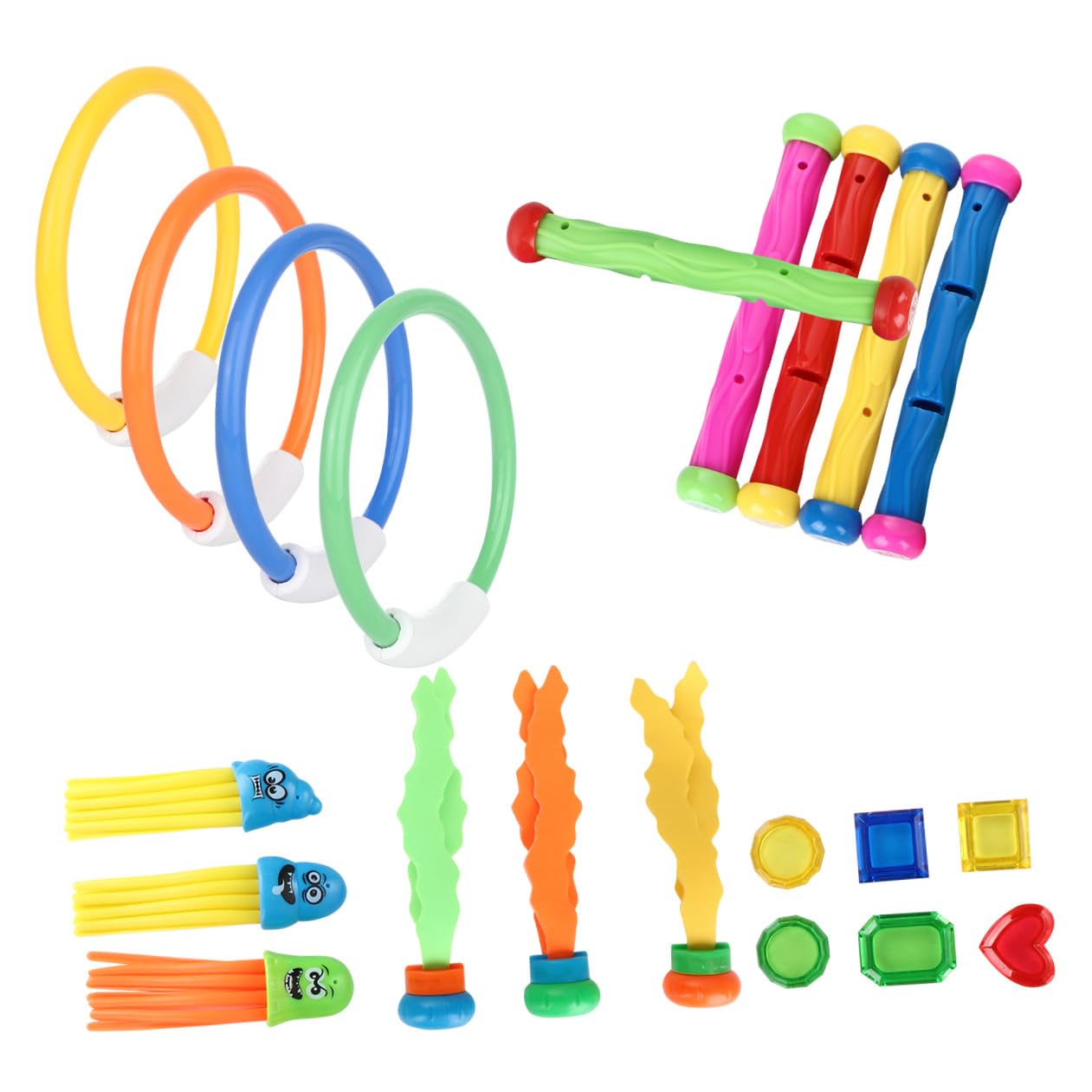 ORFOFE Ensemble de Jouets de Plongée Couleur Aléatoire 21 Pièces pour Piscine Anneaux, Bâtons et en PVC Facile à Saisir pour Garçon et Filles Débutants en Natation