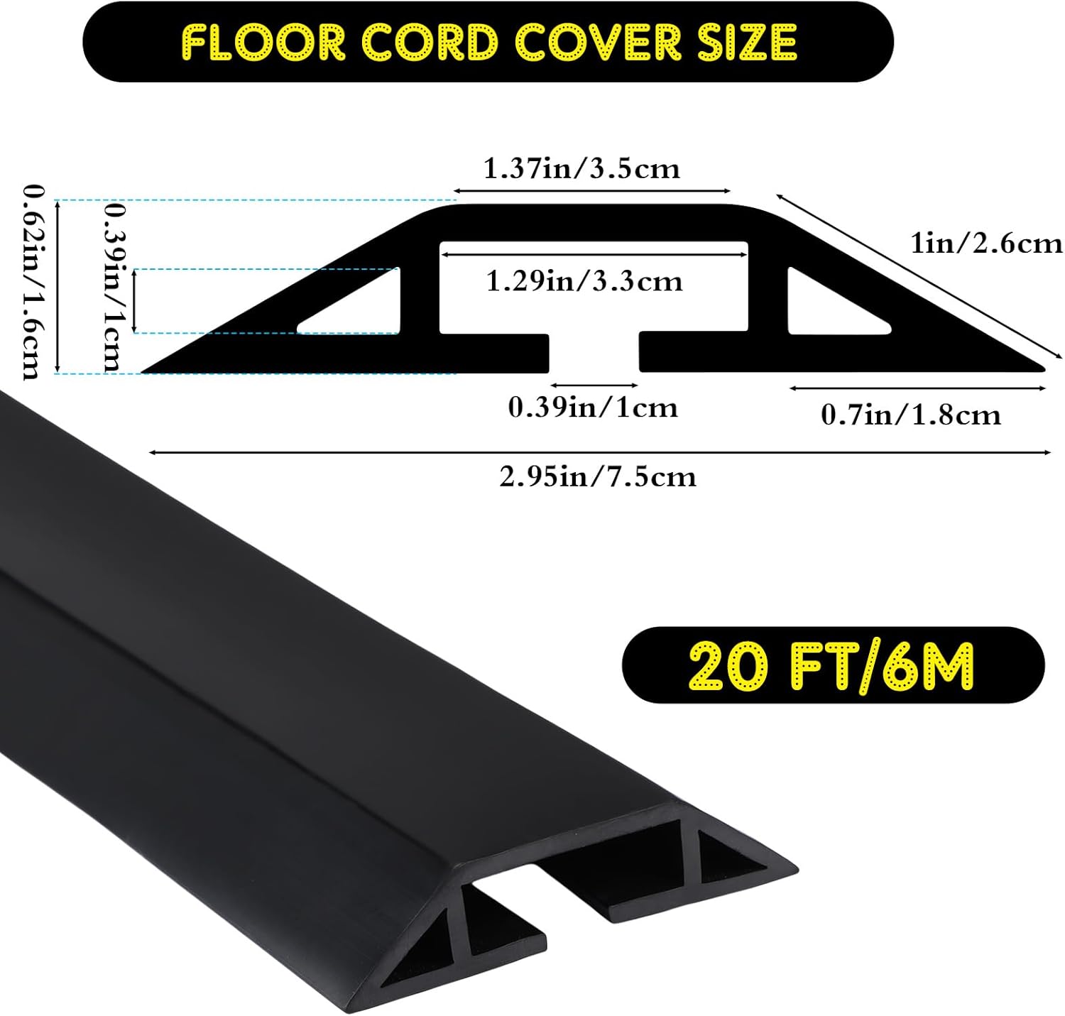 Pangda 20 FT Floor Cable Cover Heavy Duty Cord Cover Protector Power Cable Protector Soft Extension, Organize and Protect Wire on Floor for Home Office or Outdoor Settings (Black)