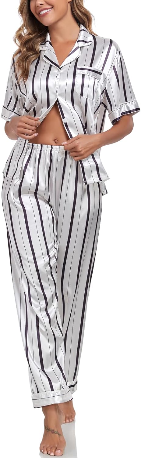 Silk Pajamas for Women Set Short Sleeve Sleepwear Button Down Shirt with Long Pants 2 Piece Striped Soft Pj Set - Image 5