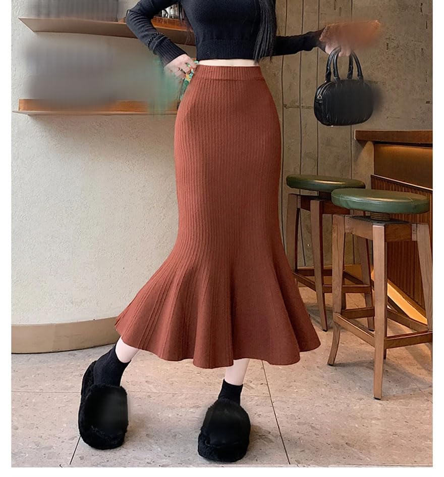 Women Solid Knit A-Line Midi Skirts Fall Winter Elastic Mermaid Skirt Slim High Waist Commute Skirt3