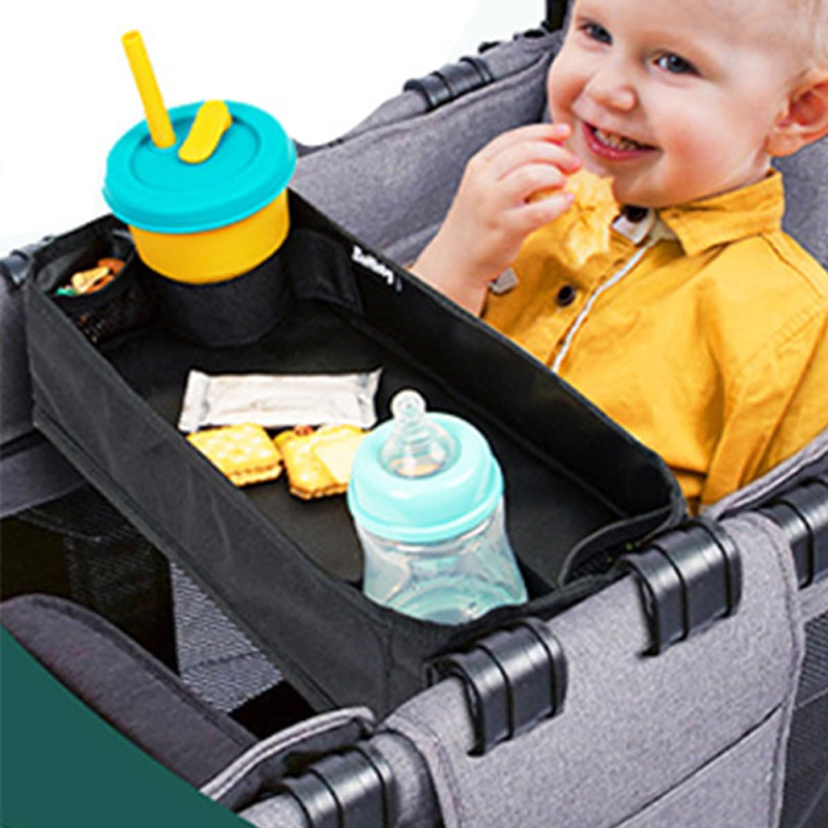 LIFKOME Stroller Tray Zubehör Universelles Snack Tablett mit Getränkehalter und Handyhalter für Kinderwagen Abnehmbar Schwarz für Unterwegs mit Kindern