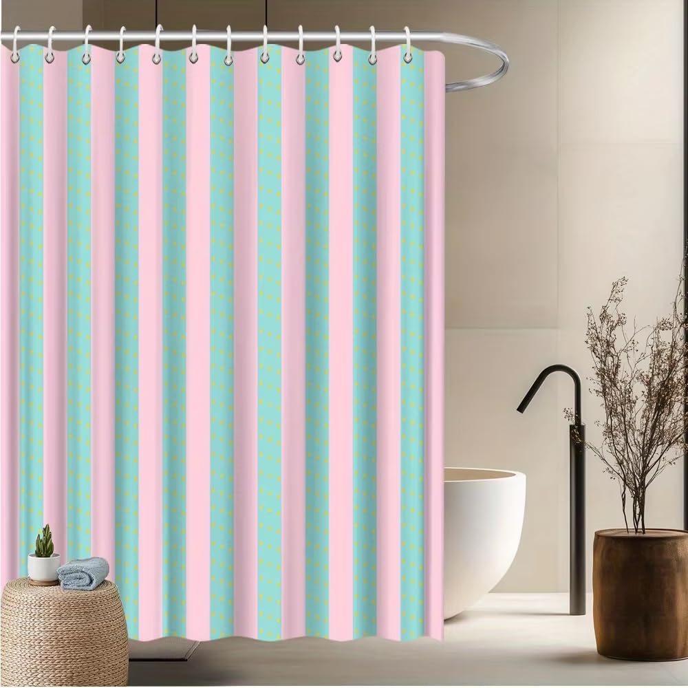 KELAIMI Pink Mint Shower Curtain - Polka Dot Striped Bathroom Curtain,Waterproof Quick-Drying Pastel Color Aesthetic Bath Curtain with Hooks Pink 180X180Cm