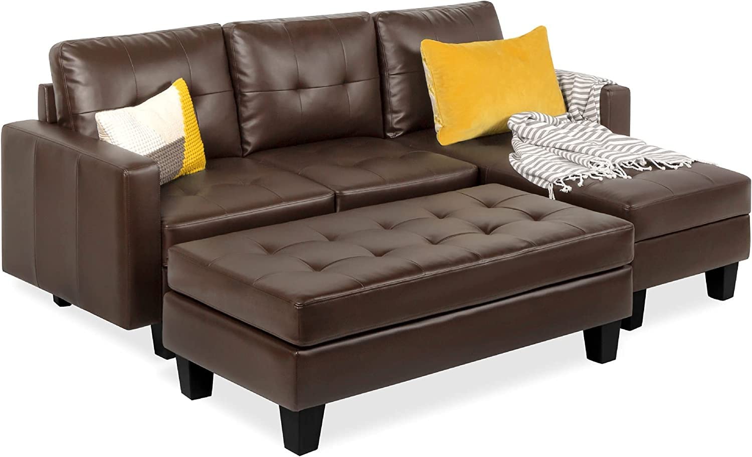 Aiden Faux Leather 3 Seater L-Shape Sectional Sofa with Ottoman (Right Side,Coffee)-image-21