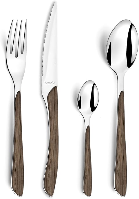 AMEFA - Servizio di posate da 24 posti per 6 persone - Eclat Nature - Acciaio 18/0 - Finitura Brillante - Legno Scuro