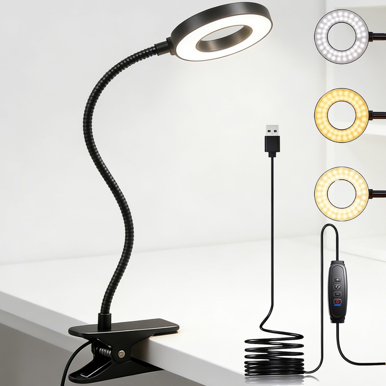 Sunny Power Lámpara de escritorio, [3 modos de color y 10 brillo] Luz de lectura LED con abrazadera, luz de libro de brazo flexible de silicona para niños, libro de lectura en la cama por la noche