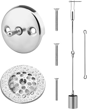 Tub Drain Kit, Bath Tub Drain Linkage Assembly with Trip Lever and Strainer Done Cove, All Components are Made of 304 Stainless Steel, Fit for Trip Lever Bath Tub Waste and Overflow Drain