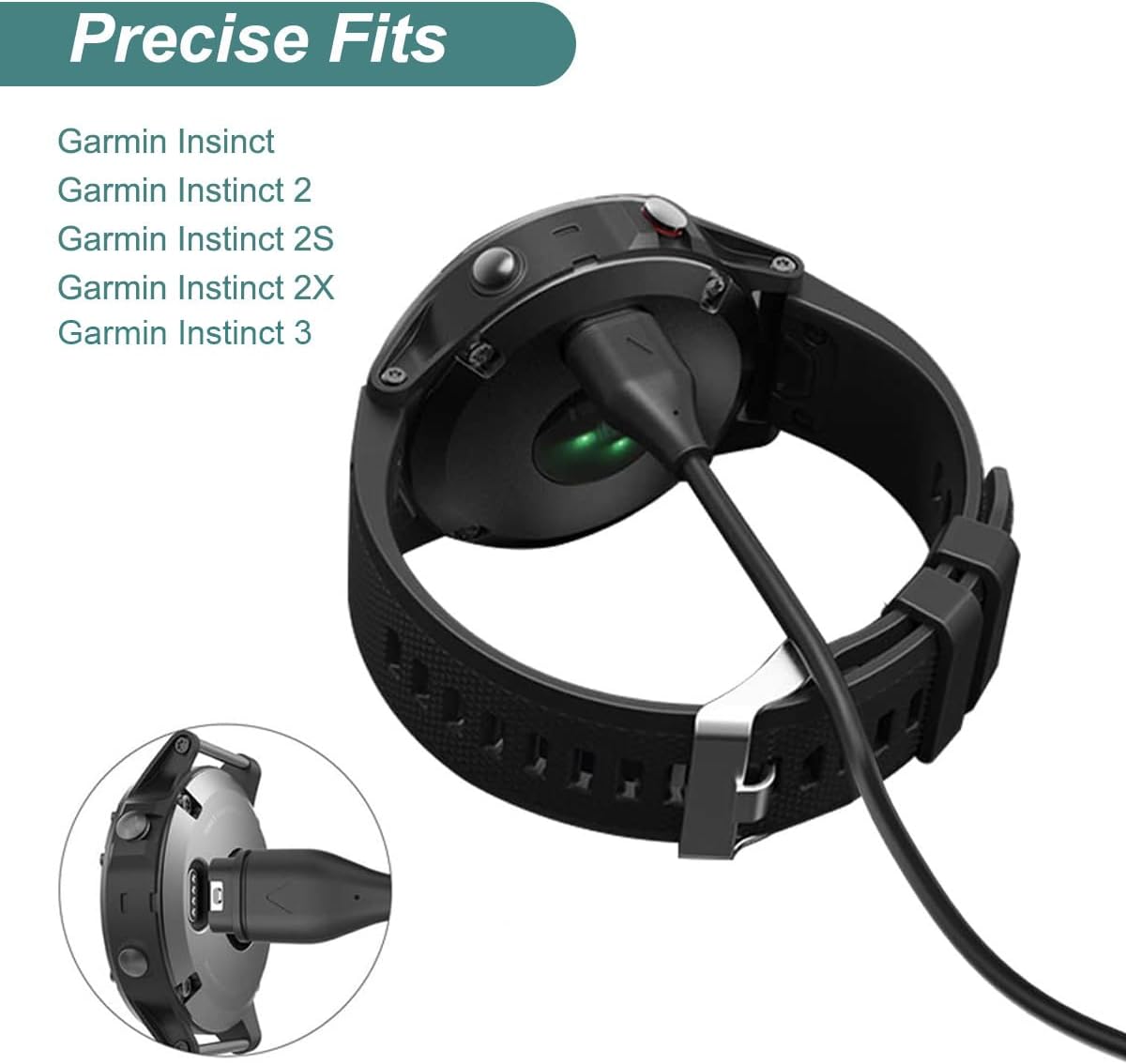 Kissmart Charger for Garmin Instinct & Instinct 2 2S 2X 3, Replacement Charging Cable Cord Plus a Black Silicone Charger Port Anti Dust Plug (2 Pack)