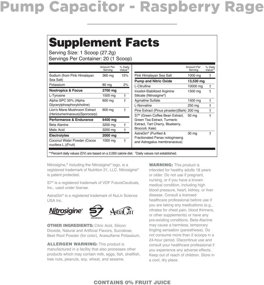 Nutrithority Pump Capacitor Non-Stimulant Sugar-Free Pre Workout for Men & Women, Raspberry Rage, 40 Servings - Nitric Oxide Booster, Intense Focus, Powerful Pumps & Strength Gains
