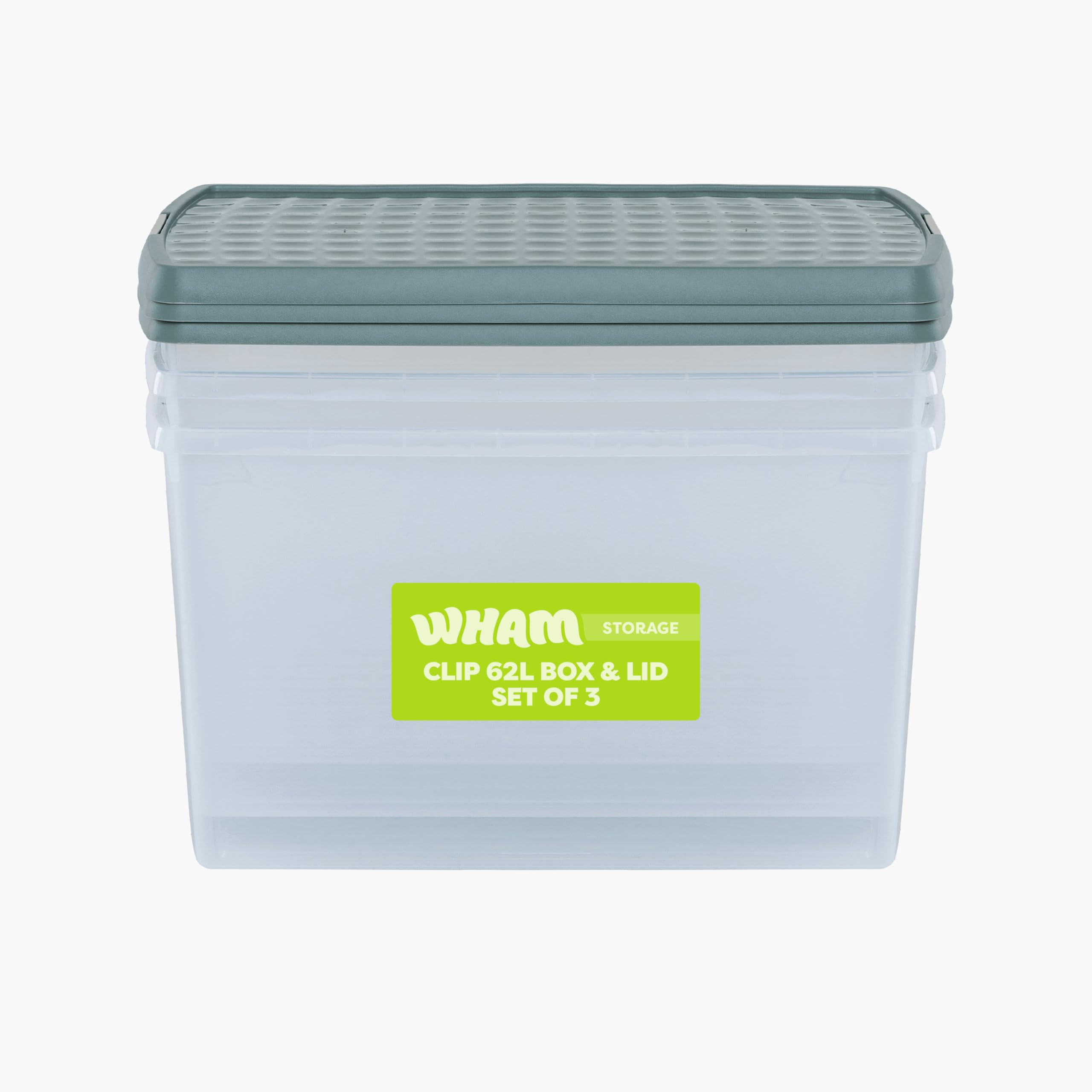 Wham Clip 3 x 62L Rectangular Stackable Plastic Storage Boxes with Lids | Ideal for Home, Office, Toys & More | Storage Containers with Clip Locks | Made in UK - Clear/Green Milieu