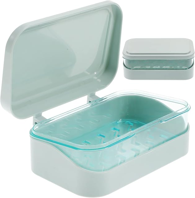 Angoily 1Pc Soap Box with Removable Drainer and Lid, Soap Case Holder, 2 Layers Rectangular Soap Dish Container (Blue)