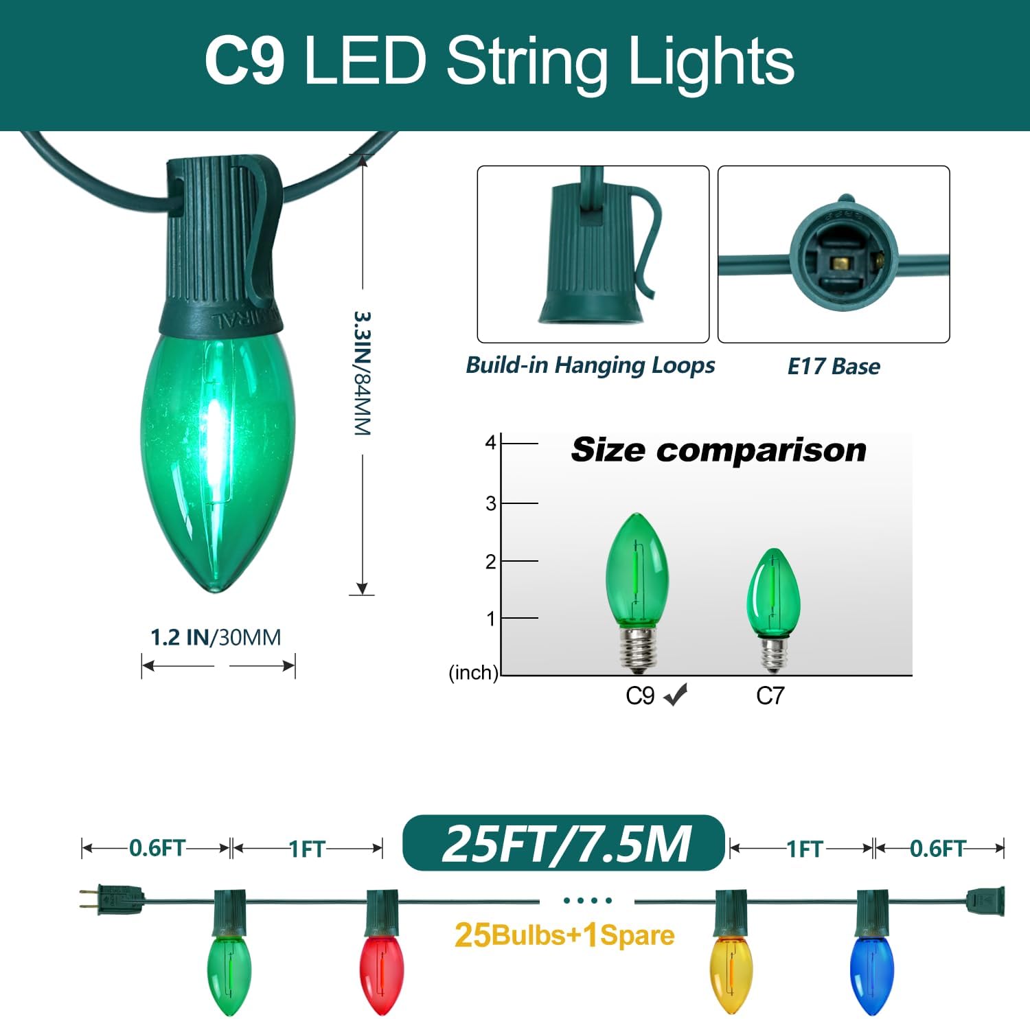 C9 Christmas String Lights, 25FT 26 Bulbs Bright & Multicolor Outdoor Christmas Lights, Outdoor Indoor Xmas Roofline Backyard Garden Patio Home Holiday Decor, Waterproof Extendable Green Wire