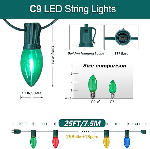 Miniatura 3 de C9 Luces de Cadena de Navidad, 25 pies 26 Bombillas Brillantes y Multicolores para Exteriores, Luces de Navidad para Techo, Patio, Jardín, Luces
