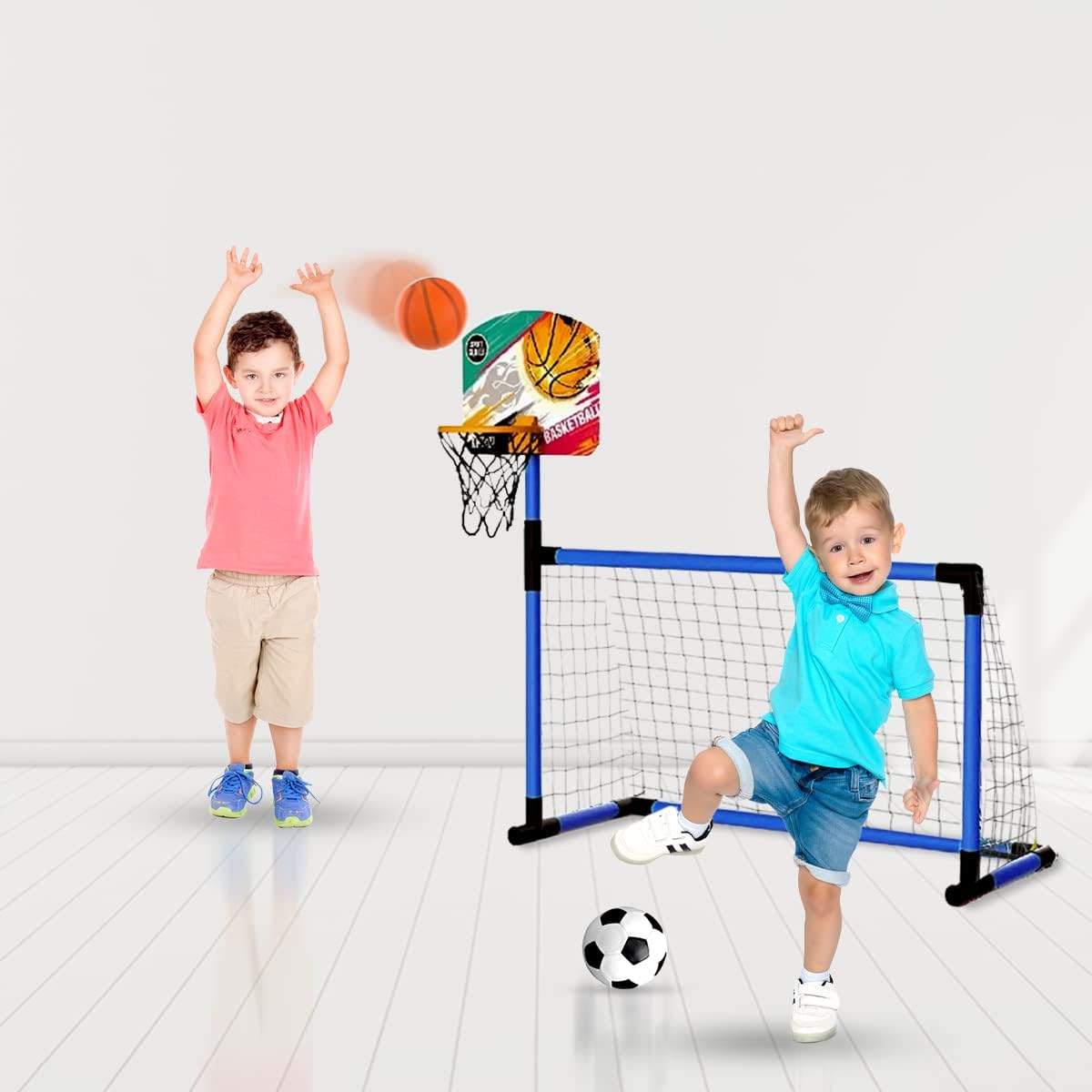 Kidoloop Kids 2 in 1 Basketball Hoop and Football Goal Set for Children, Hoop, Net, Ball, Pump Kids Basketball Hoop and Stand Girls Boys, Outdoor Indoor Activities Toy All in One