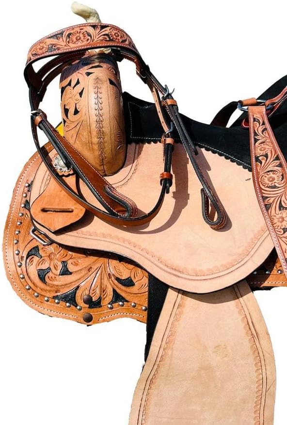 Horse Saddle Western Barrel Racing Custom Cowboy Cowgirl Handmade Premium Leather Pleasure Comfort Trail Tack Equestrian Tooled Carved Pony-Adult Saddle for Riding Size: 10-18 inch Seat, MO-05