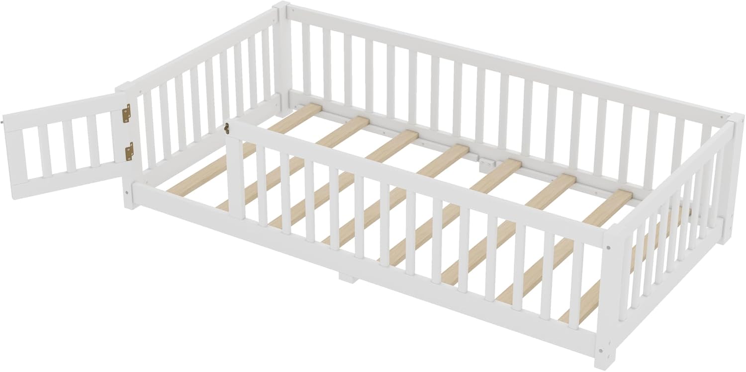 HABITRIO Twin Size Platform Bed, Wood Floor Bed with Safety Guardrails and Door, White