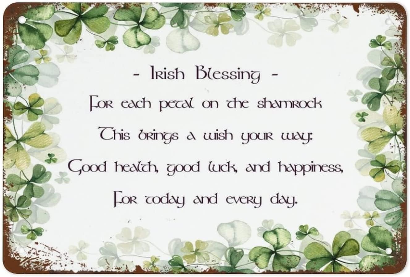 peiyeety Vintage Metal Tin Sign Irish Blessing Art Print for Each Petal on The Shamrock This Brings A Wish Your Way Irish Toast Sign for Home Cafes Bars Pub Man Cave Wall Decor Plaque Sign 8x12inch
