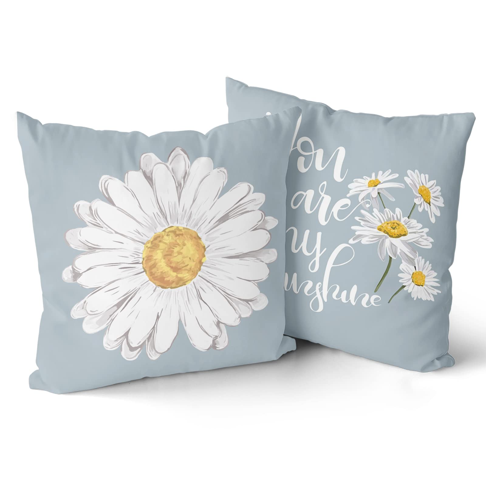 Sweetshow Daisy Pillow Covers 16x16 Inch Set of 2 Farmhouse Summer Spring Daisy Bloom Pillows Floral Blue Decorative Throw Pillow Covers Soft Cotton