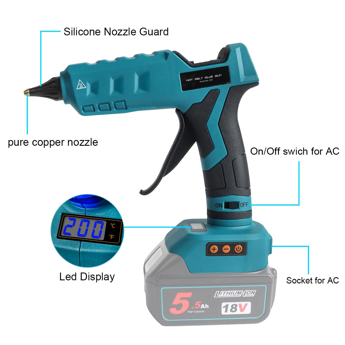 Waitley Pistolet à colle chaude sans fil 18 V pour bâtons de 11 mm | Double alimentation par batterie Li Ion 18 V ou secteur chauffe rapide pour bricolage réparations et décoration