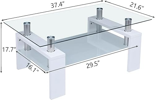 Miniatura 2 de Mesa de centro rectangular de vidrio templado, mesa de té de 2 niveles, mesa auxiliar moderna con estante inferior y patas de madera, mesa de centro