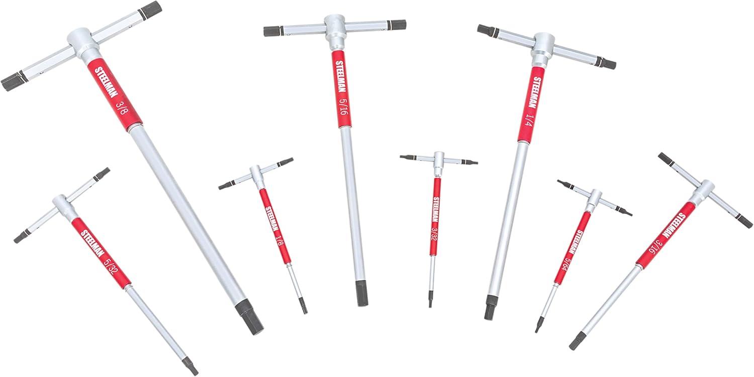 Steelman 8-Piece Standard T-Handle Allen Hex Key Wrench Set, Free Spinning Sleeves, Sliding Handle for Access, Precision Machined Tips, with Storage Tray, for Bicycle, Auto, Moto, Small Engine (42601)