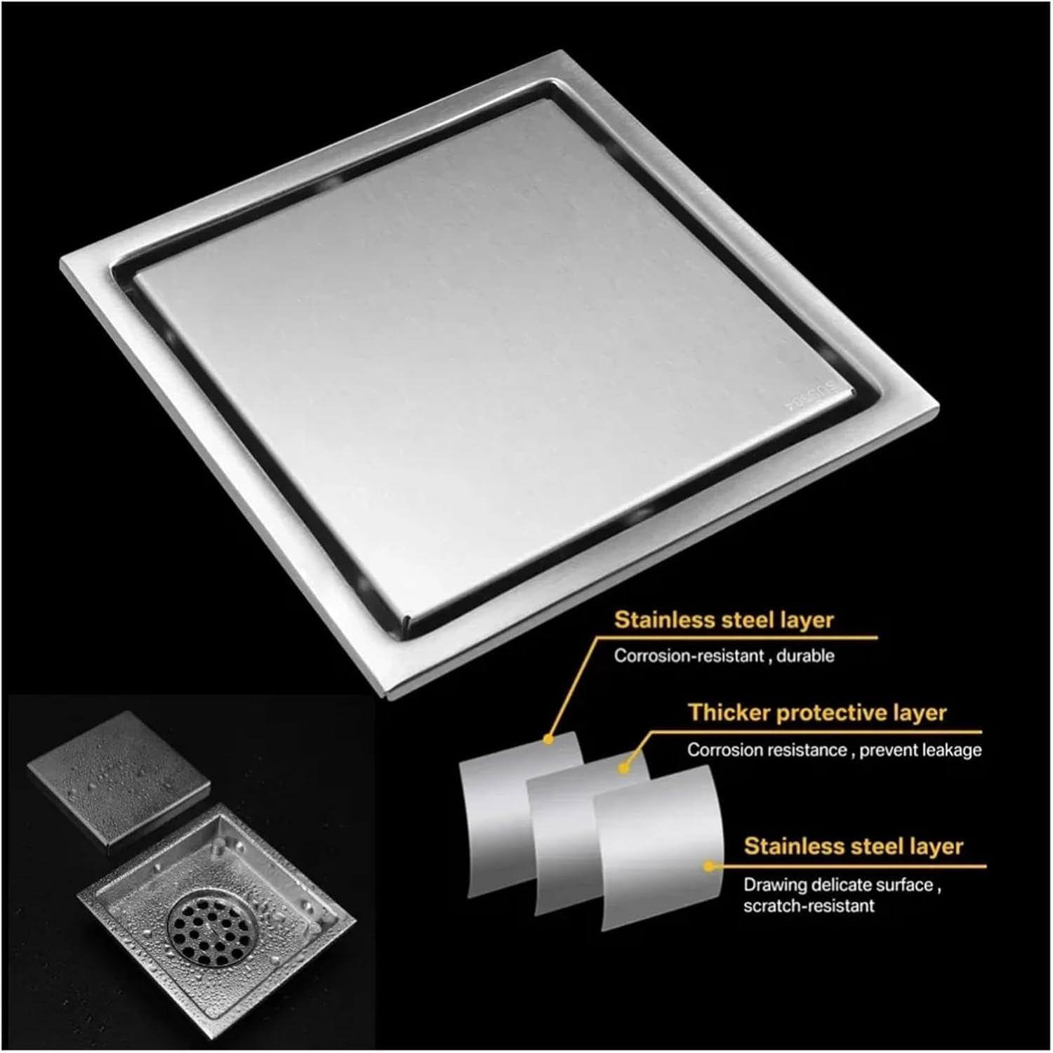 Shower Square Floor Drain 15X15cm Tile Insert Grate SUS304 Stainless Steel Bathtub Kitchen Sink Flow Waste Drainer Accessories