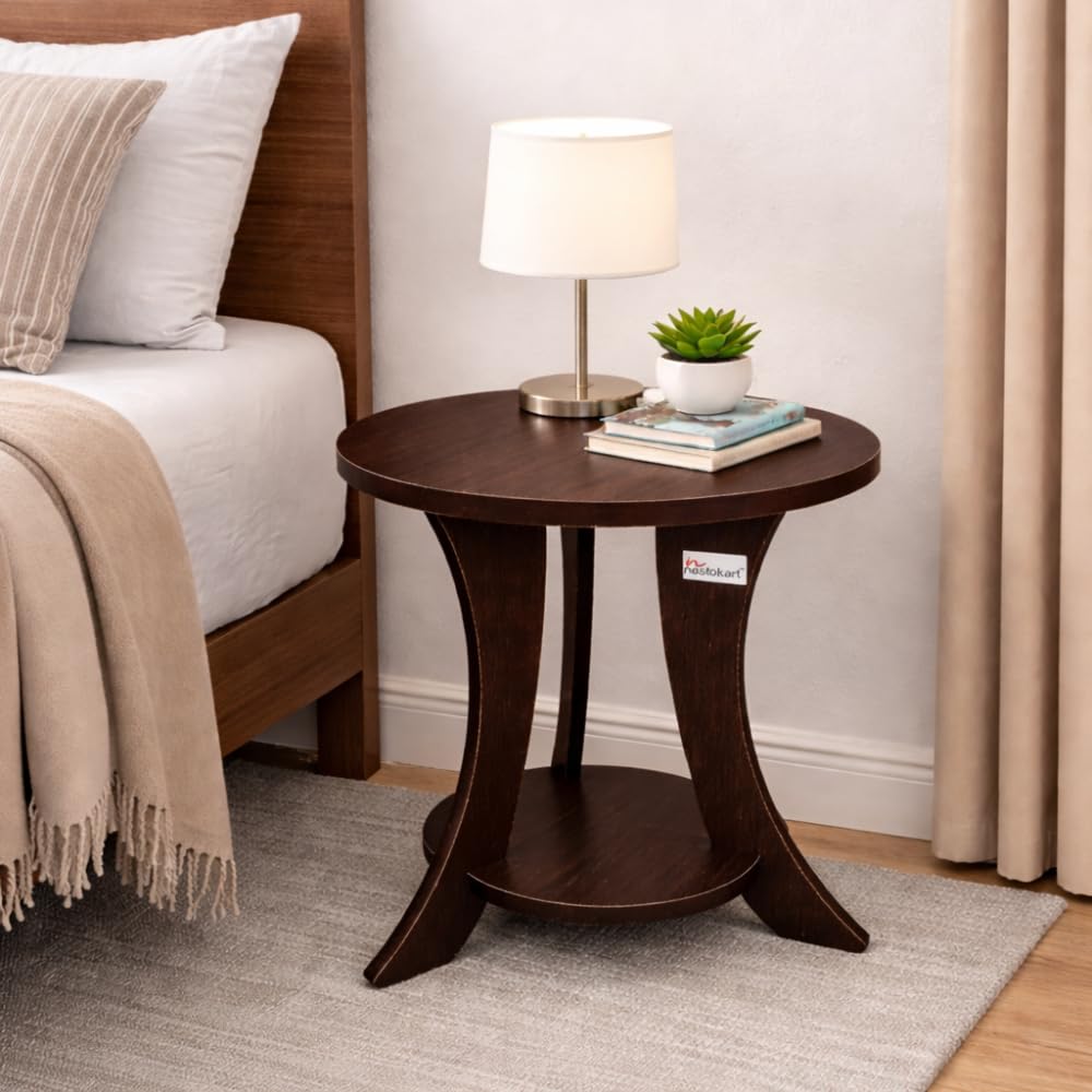 nestokart™ Round Wooden Side Table, Rose Wood Finish, 17mm Prelam MDF, 40x47 cm, with Bottom Shelf, Curved Leg Design Side Table for Bedroom,Living Room & Office Corner-image-30