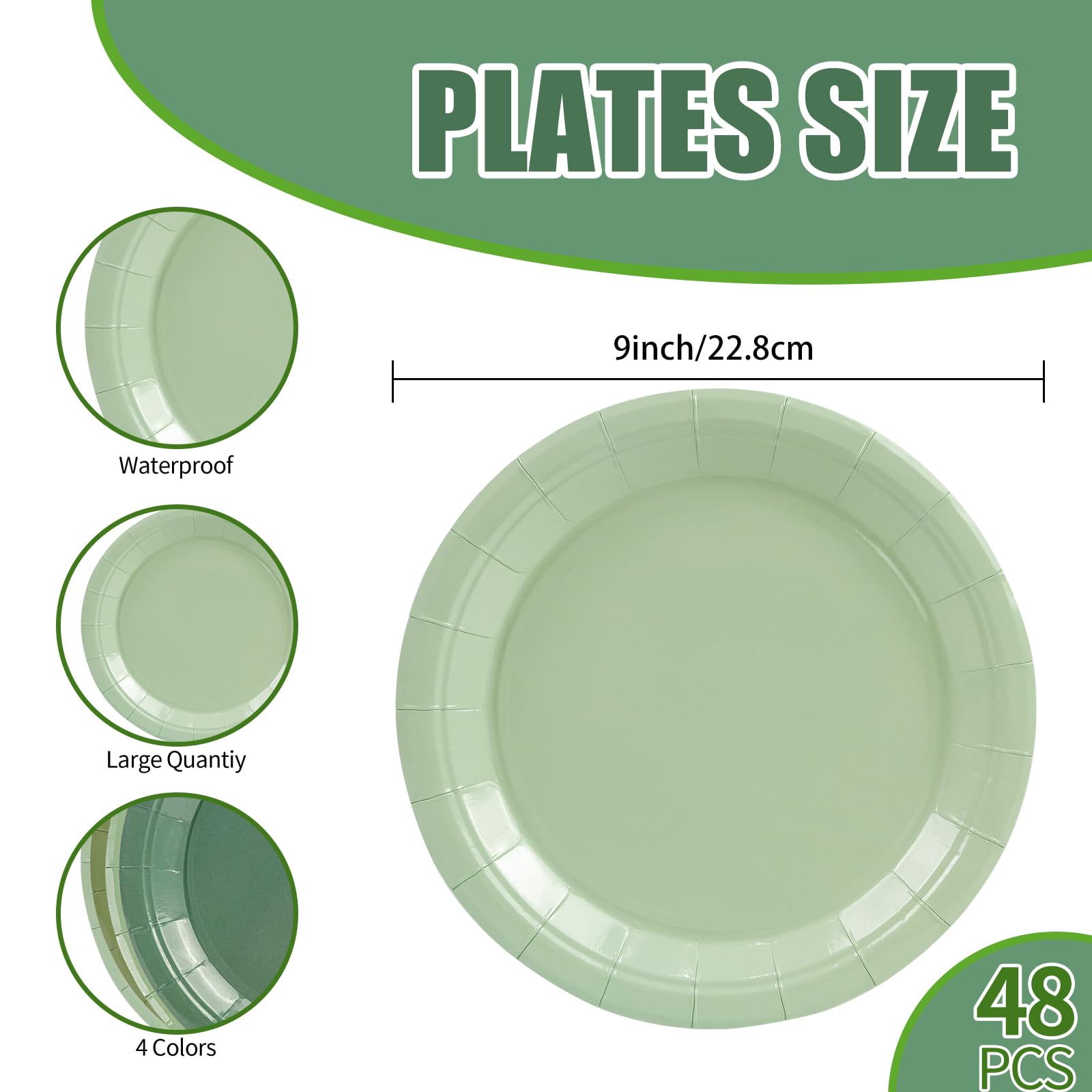 EVYIENEN 48 Pcs Sage Green Paper Plates,9 Inch Green Party Supplies Disposable Paper Dessert Plates for Baby Shower Wedding, Birthday - Image 2