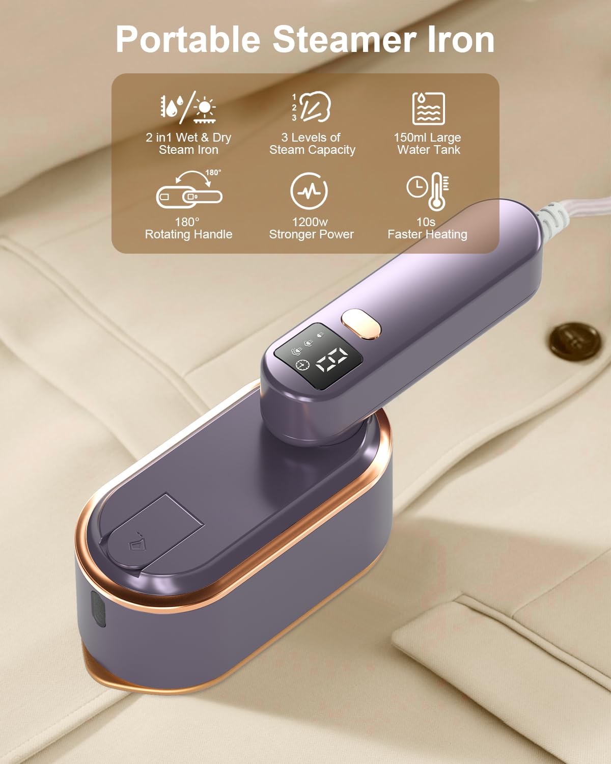 Plancha de vapor de viaje para ropa, color morado