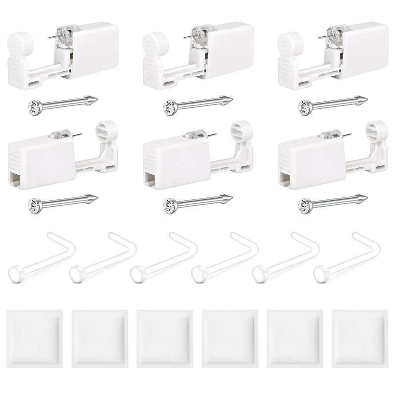 Kit QWALIT para piercing nasal com pistolas descartáveis, anéis, studs e retentores transparentes – Pacote com 6