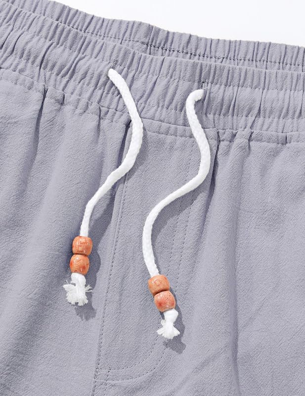 Men's Cotton Linen Shorts 9 inch Drawstring Casual Elastic Waist Summer Beach with Pockets - Image 5
