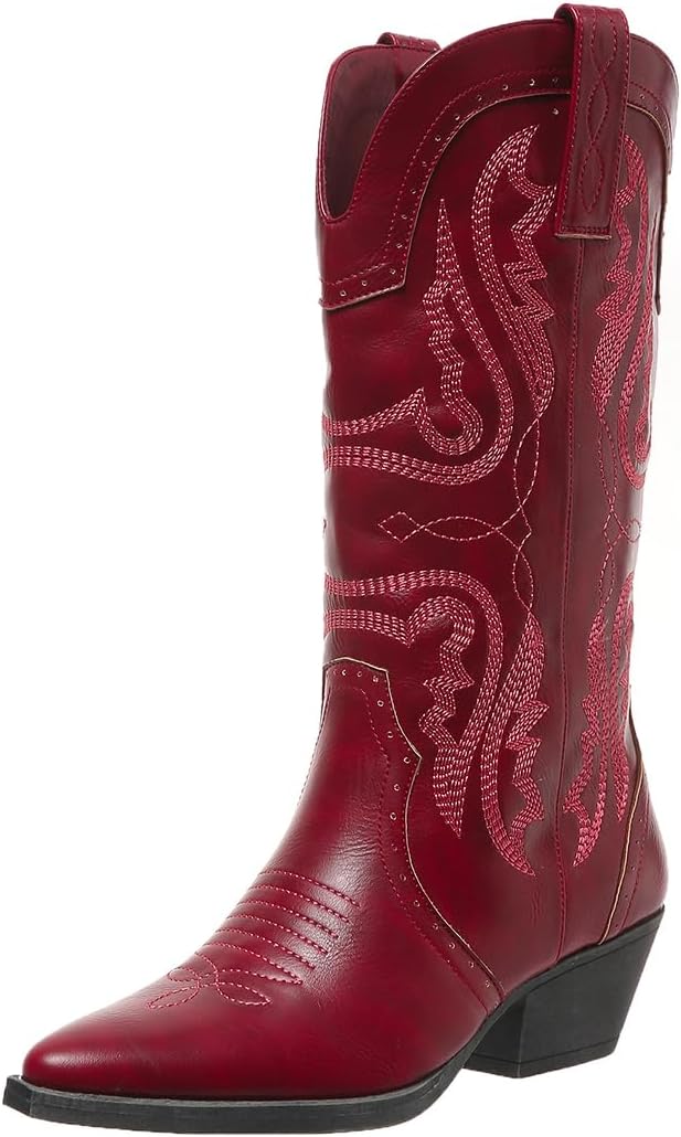Western Cowboy Boots for Women: Mid Calf Country Concert Cowgirl Boots - 2 Inch Chunky Heel Pointed Toe - Classic Embroidered Detailing