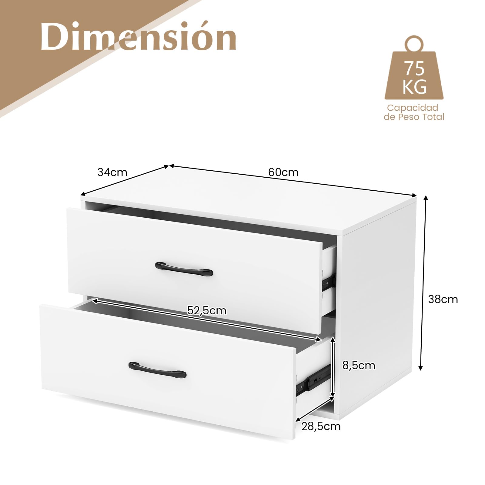 COSTWAY Cómoda con 2 Cajones, Cómoda de Cajones Apilable, Gabinete de Almacenamiento Horizontal con Kits Anti-Vuelco, Mueble de Almacenaje Independiente para Sala de Estar, Estudio, Oficina (Blanco)