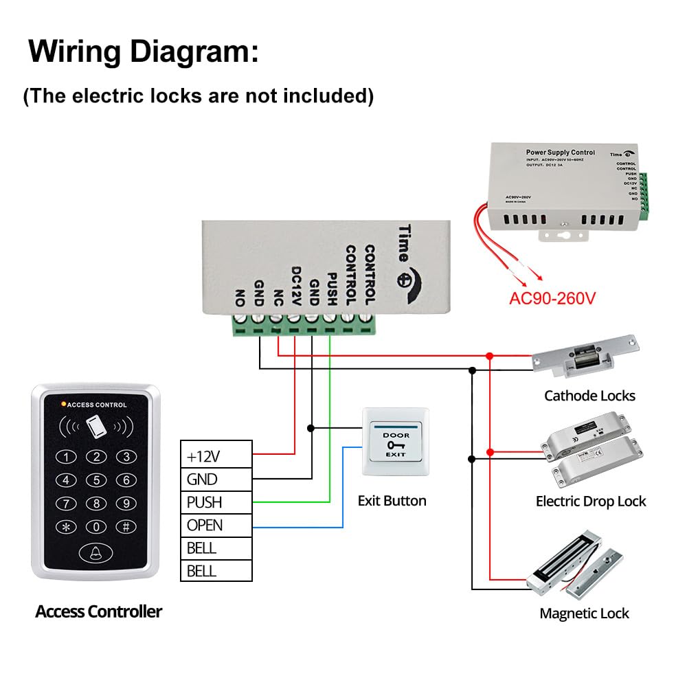 Kit de Sistema de Control de Acceso de Puerta Impermeable Teclado RFID Lector de Tarjetas 125KHz + Fuente de Alimentación DC12V 3A + 15pcs Llavero, Sin Cerraduras Eléctricas